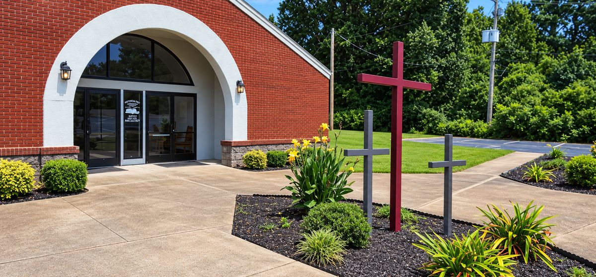 Historical First Baptist Church, Millington — the church front with its white arch entrance and three crosses
